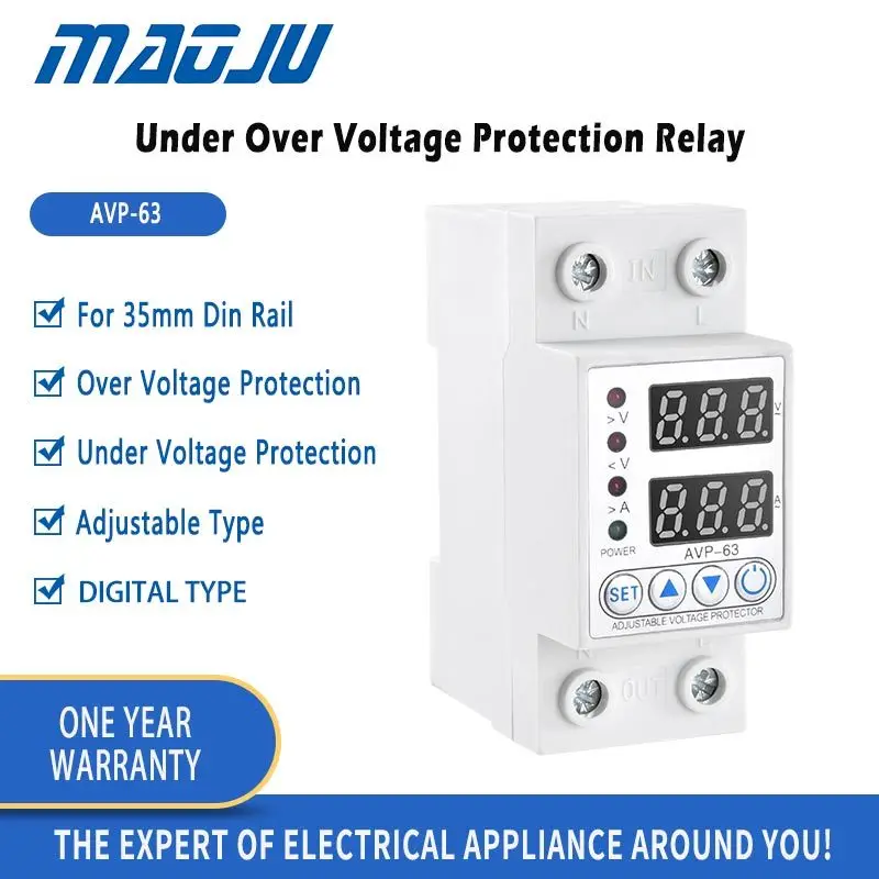 Over Under Voltage Relay 63A 220V 230V Din Rail Adjustable Digital Dual Display Electrical Circuit Control Relay Meter
Over Under Voltage Relay 63A 220V 230V Din Rail Adjustable Digital Dual Display Electrical Circuit Control Relay Meter
