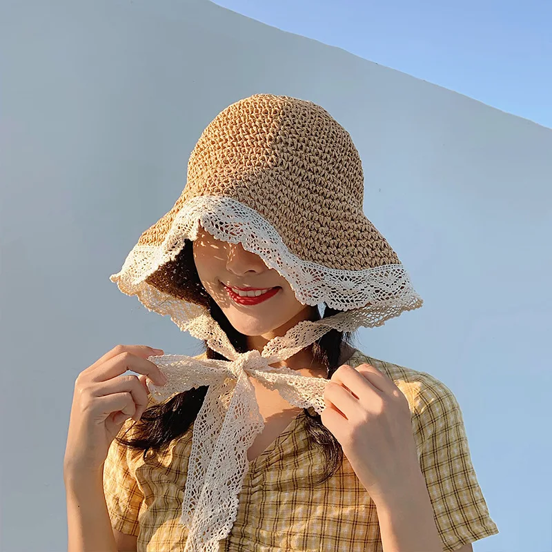 

шапка Ladies Lace Sun Hat Wide Brim Straw Woven Beach Hat Floppy Disk Women's Straw Hat Lace Solid Fringed Straw Hat Summer Hat