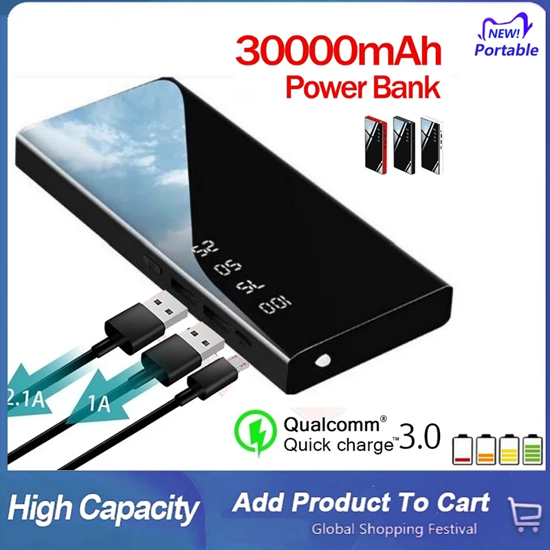 30000mAh Power Bank Mirror Screen Portable Powerbank Led Flashlight LCD Digital Display Fast Charging External Battery Charger
30000mAh Power Bank Mirror Screen Portable Powerbank Led Flashlight LCD Digital Display Fast Charging External Battery Charger