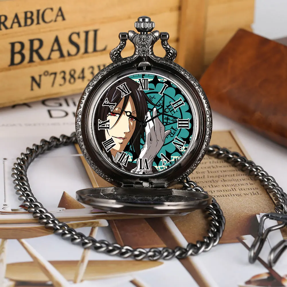 

Japanese Manga Pocket Watches Black Deacon Theme Boy Exquisite Engrave Pattern Chic Roman Numerals Dial Thick Chain Pendant Gift