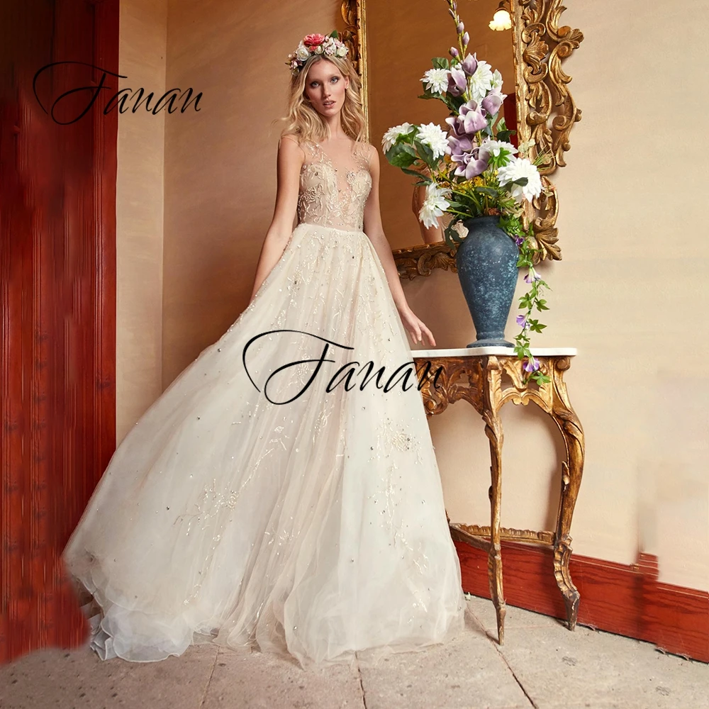 

New V-Neck Sleeveless Wedding Dress Backless A-Line Beading Crystal Sequined Court Train Bridal Gown robe de soirée de mariage