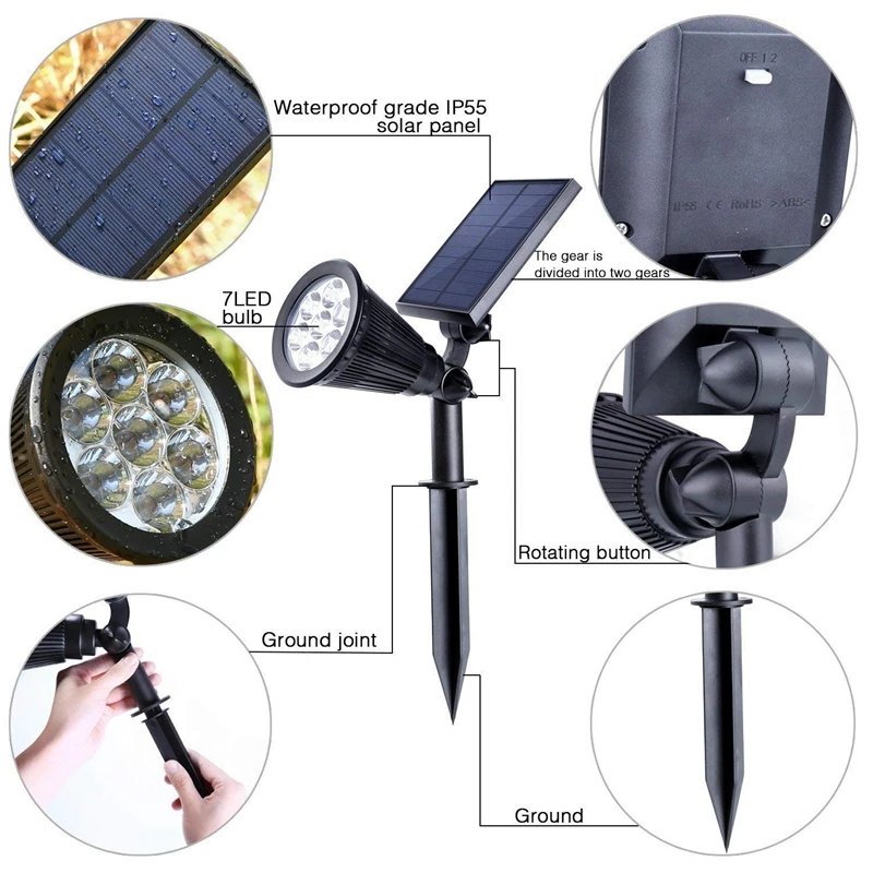 2 SETS 7 LED Solar Spotlights Outdoor Solar Lights Waterproof Color Spot Lights for Garden Landscape Spotlights Dark Sensing Aut
2 SETS 7 LED Solar Spotlights Outdoor Solar Lights Waterproof Color Spot Lights for Garden Landscape Spotlights Dark Sensing Aut