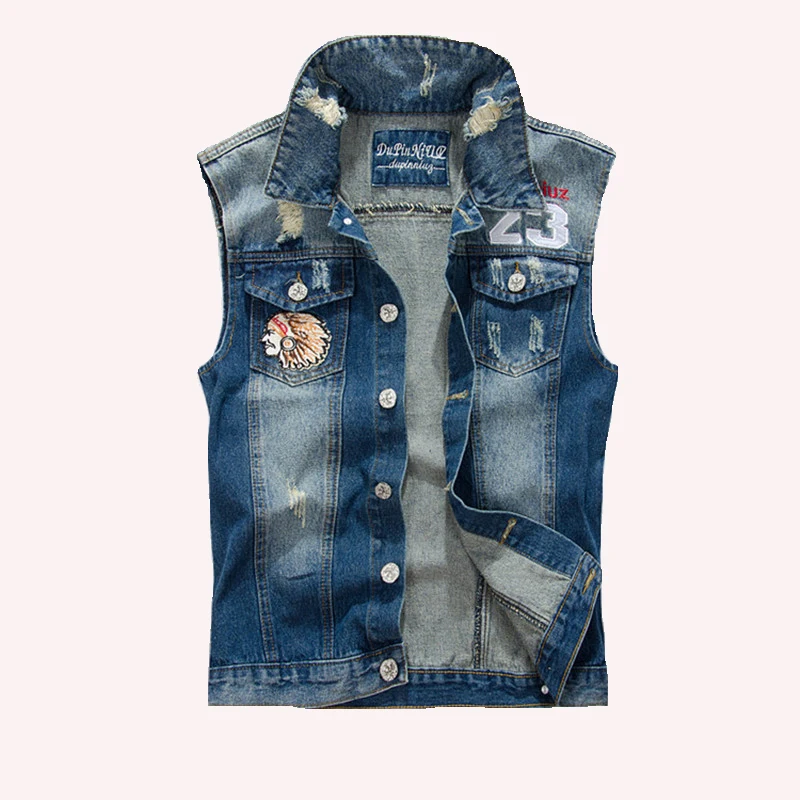 

Ripped Men's Blue Denim Vest Fashion Patch Designs Cowboy Frayed Jeans Sleeveless Jackets Punk Motorcycle Waistcoat Male Tanks