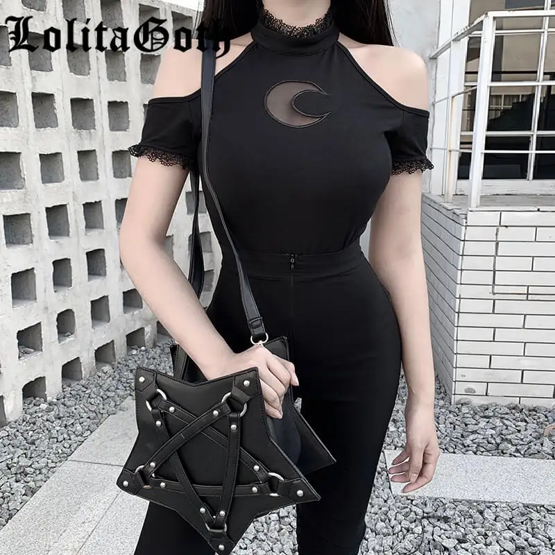 Lolita Goth Sexy Off Shoulder Black Halter T-shirts Women Gothic Punk Moon Hollow Out Bodycon Female Tops Blackless Cotton Tees 
Lolita Goth Sexy Off Shoulder Black Halter T-shirts Women Gothic Punk Moon Hollow Out Bodycon Female Tops Blackless Cotton Tees