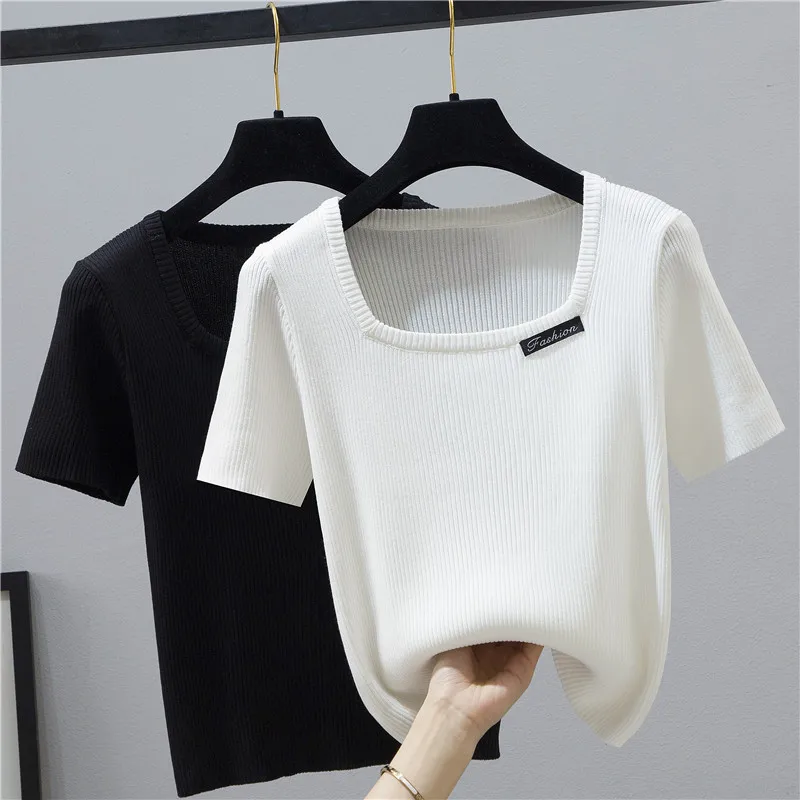 LJSXLS Black Fashion Appliques Knitted Short Sweater Women 2021 Square Collar Summer Tops Femme White Pullovers Sueters De Mujer
LJSXLS Black Fashion Appliques Knitted Short Sweater Women 2021 Square Collar Summer Tops Femme White Pullovers Sueters De Mujer