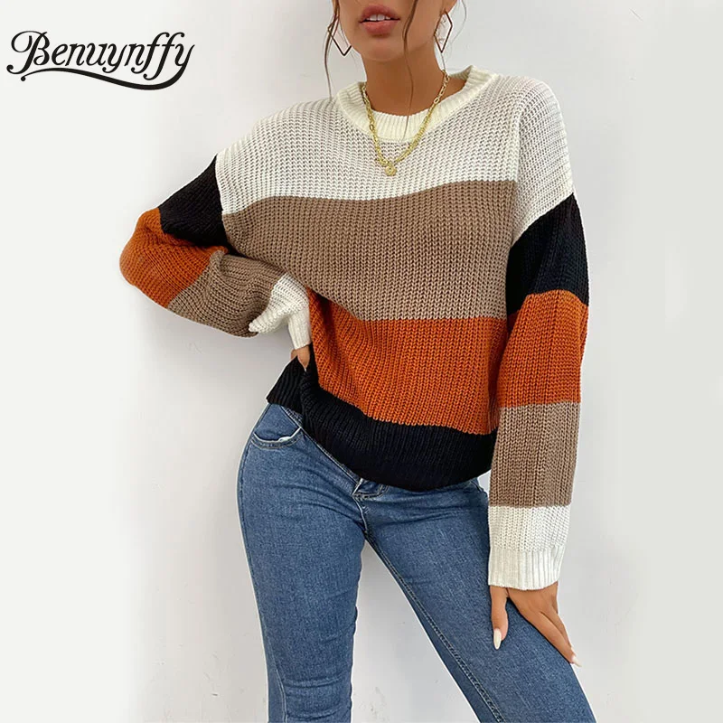 Benuynffy O-Neck Color Block Women Sweaters and Pullovers 2021 Autumn Winter Loose Casual Female Knitted Sweater Jumper
Benuynffy O-Neck Color Block Women Sweaters and Pullovers 2021 Autumn Winter Loose Casual Female Knitted Sweater Jumper