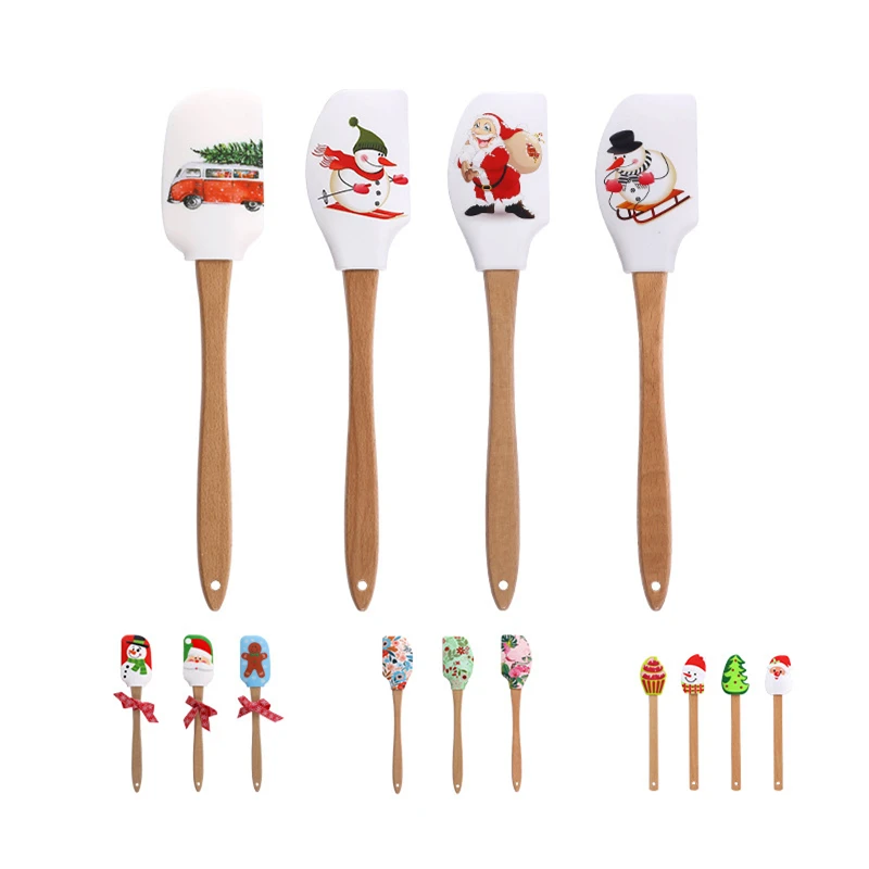 

Christmas Cake Cream Silicone Spatula Fondant Butter Batter Mixing Scraper Pastry Baking Tools Wooden Handle Kitchen Utensils