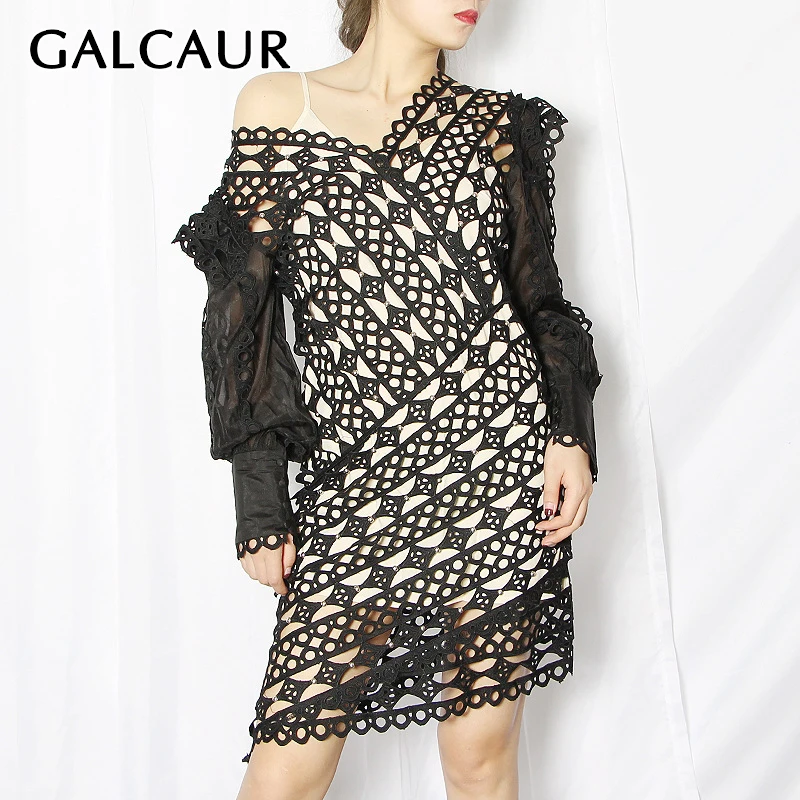 GALCAUR Black Hollow Out Dresses For Women V Neck Lantern Long Sleeve Lace Irregular High Waist Slim Female's Vintage Dress 2021
GALCAUR Black Hollow Out Dresses For Women V Neck Lantern Long Sleeve Lace Irregular High Waist Slim Female's Vintage Dress 2021