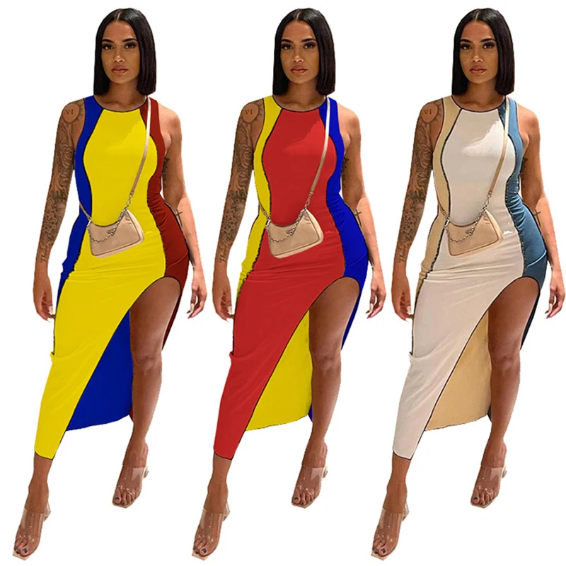 Women Summer Casual Long Dress White Blue Patchwork Sleeveless Irregular Dress Sexy High Split Bodycon Club Party Wear
Women Summer Casual Long Dress White Blue Patchwork Sleeveless Irregular Dress Sexy High Split Bodycon Club Party Wear