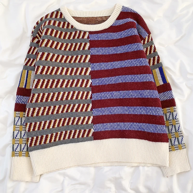 Retro stitching striped Japanese autumn and winter round neck loose thick warm sweater
Retro stitching striped Japanese autumn and winter round neck loose thick warm sweater