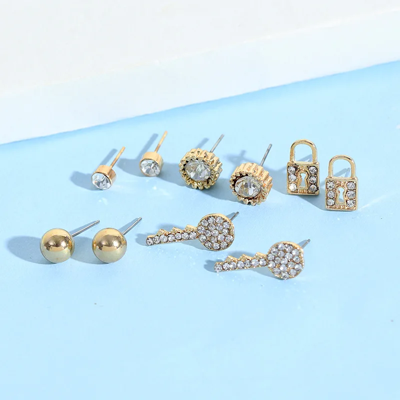 5 Pairs Women Metal Lock and Key Small Stud Earrings Sets Girl Child Ball Geometric Mini Ear Nails Kits Earring Jewelry | Украшения и