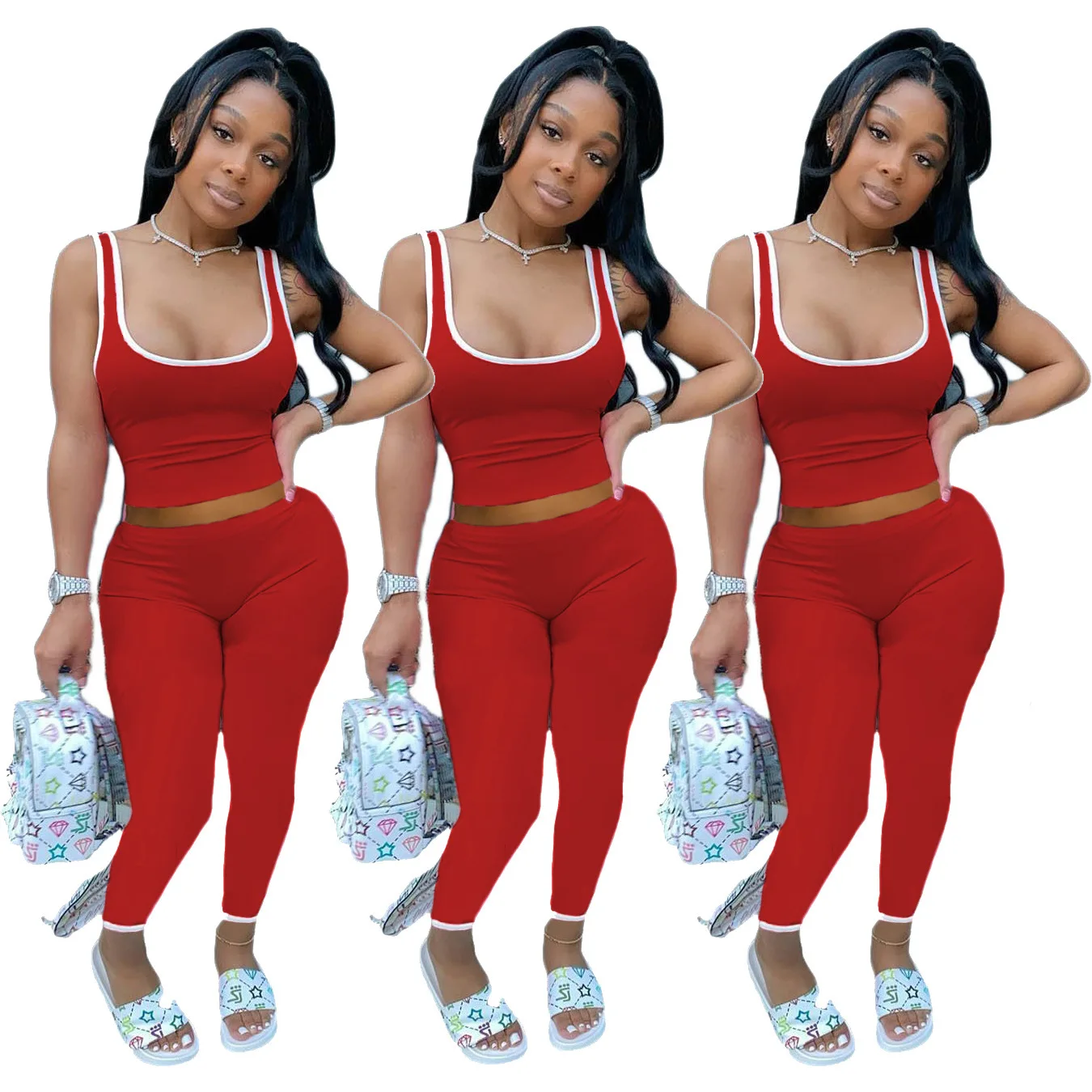 2pcs Women Solid Color Outfits Sexy U-shaped Neck Vest High Waist Elastic Trousers Casual Style Sports Yoga Fitness Clothes Set 
2pcs Women Solid Color Outfits Sexy U-shaped Neck Vest High Waist Elastic Trousers Casual Style Sports Yoga Fitness Clothes Set