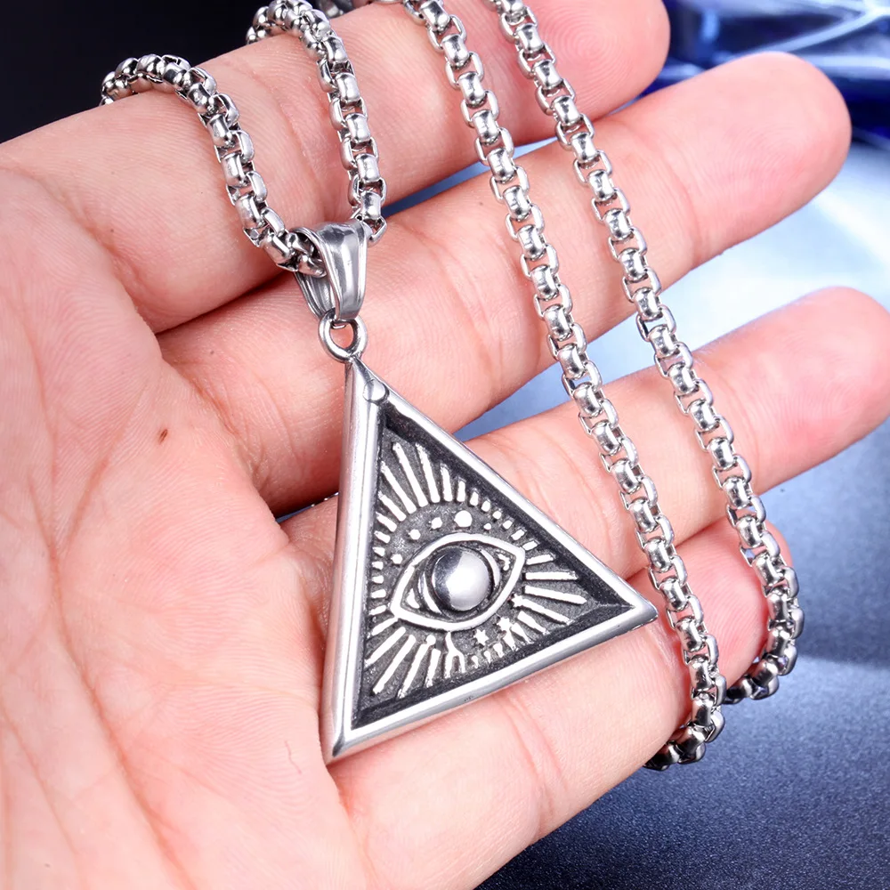 

Egyptian Egypt Pyramid Pendant Necklace Stainless Steel All-Seeing Evil Eye Necklace Geometric Triangle Necklaces Jewelry