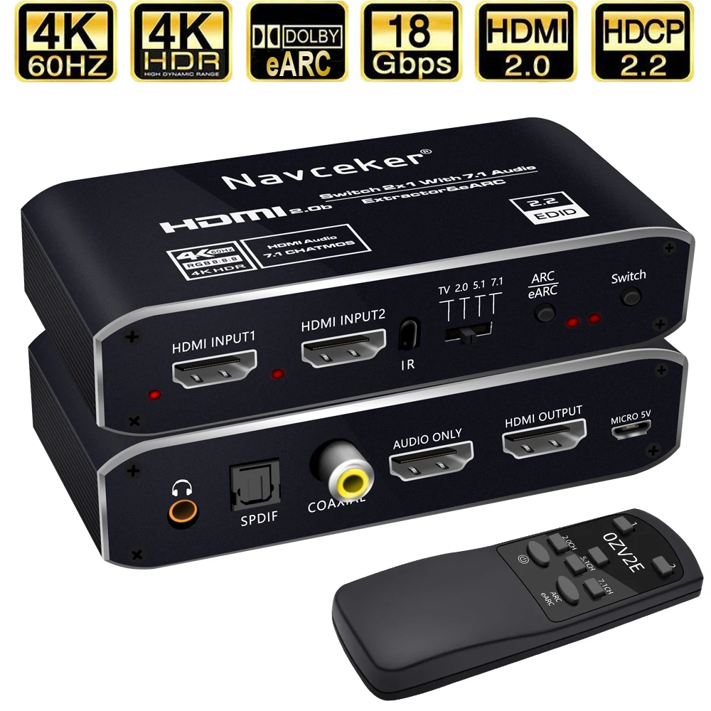 2x1 4K HDMI переключатель eARC аудио экстрактор с дуговой и оптической Toslink 2 0 60Hz