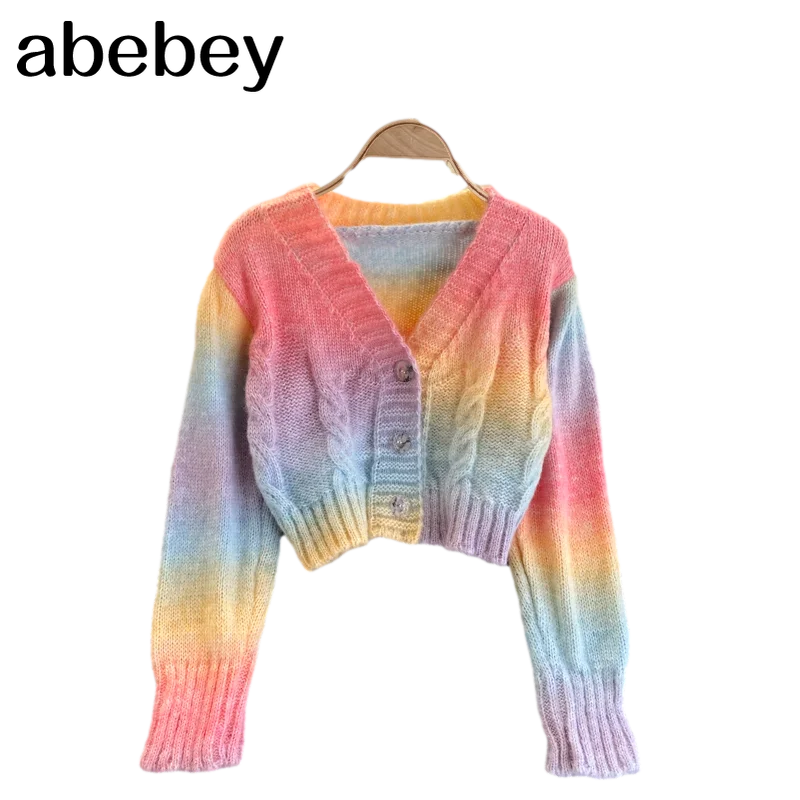 2021 Autumn Winter New Korean Gentle Wind Jacket Women Short All-match Rainbow Striped Knitted Cardigan Sweater
2021 Autumn Winter New Korean Gentle Wind Jacket Women Short All-match Rainbow Striped Knitted Cardigan Sweater
