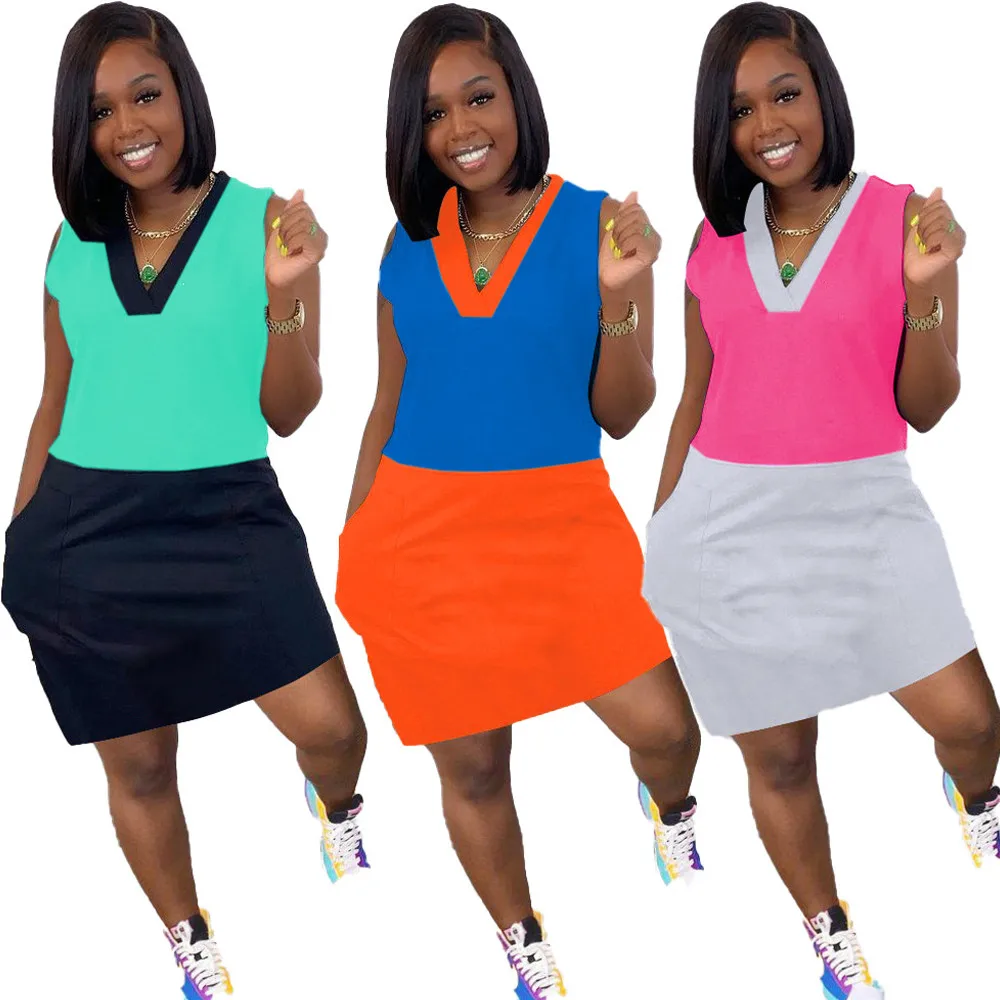 Contrast Color Patchwork Casual T-shirt Mini Dress Women Deep V-neck Sleeveless Basic Dress Summer Female Side Pockets Vestido 
Contrast Color Patchwork Casual T-shirt Mini Dress Women Deep V-neck Sleeveless Basic Dress Summer Female Side Pockets Vestido
