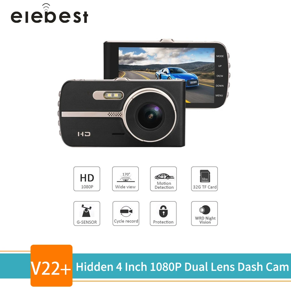 

Видеорегистратор скрытый elebest, 4 дюйма, IPS-экран, FHD 1080P, двойной объектив, видеорегистратор ночного видения, G-сенсор, автомобильная камера