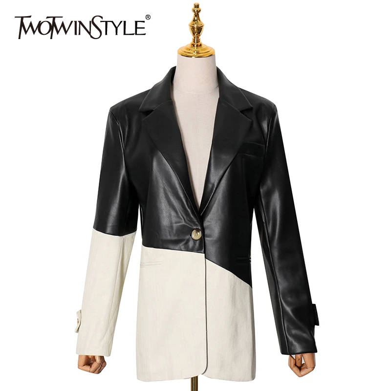 TWOTWINSTYLE PU Leather Hit Color Blazer For Women Notched Long Sleeve Casual Blazers Female 2020 Autumn Fashion New Clothing
TWOTWINSTYLE PU Leather Hit Color Blazer For Women Notched Long Sleeve Casual Blazers Female 2020 Autumn Fashion New Clothing
