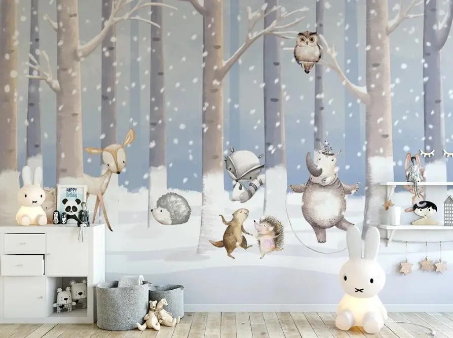 

Milofi custom 3D wallpaper mural children's room winter snow scene cartoon animal world background wall high-end decorative wall
