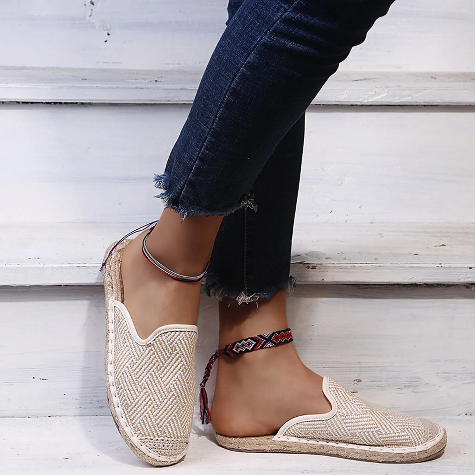 Summer Sandals Slippers Women's Slip-On Lazy Round Toe Flat Beach Casual Sandals Weave Roman Slippers Shoes Dropshipping #40