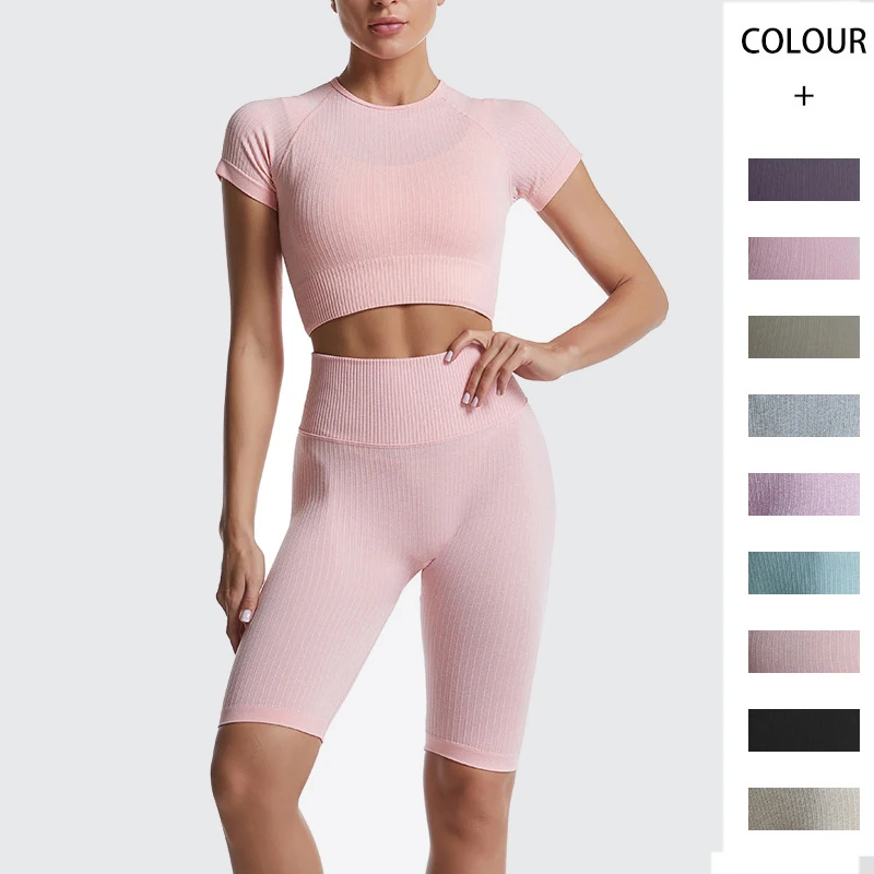Seamless Women's Sports Suit Fitness Set Yoga Training Suit Rib Fabric Crop Top T-shirt Riding Shorts Gym Workout Set Sportswear
Seamless Women's Sports Suit Fitness Set Yoga Training Suit Rib Fabric Crop Top T-shirt Riding Shorts Gym Workout Set Sportswear