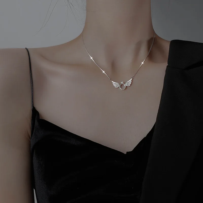 

Женское кольцо с кулоном «ангельские крылья», кольцо из серебра 925 пробы с бриллиантами, ожерелье-цепочка в Корейском стиле, Подарочная бижу...