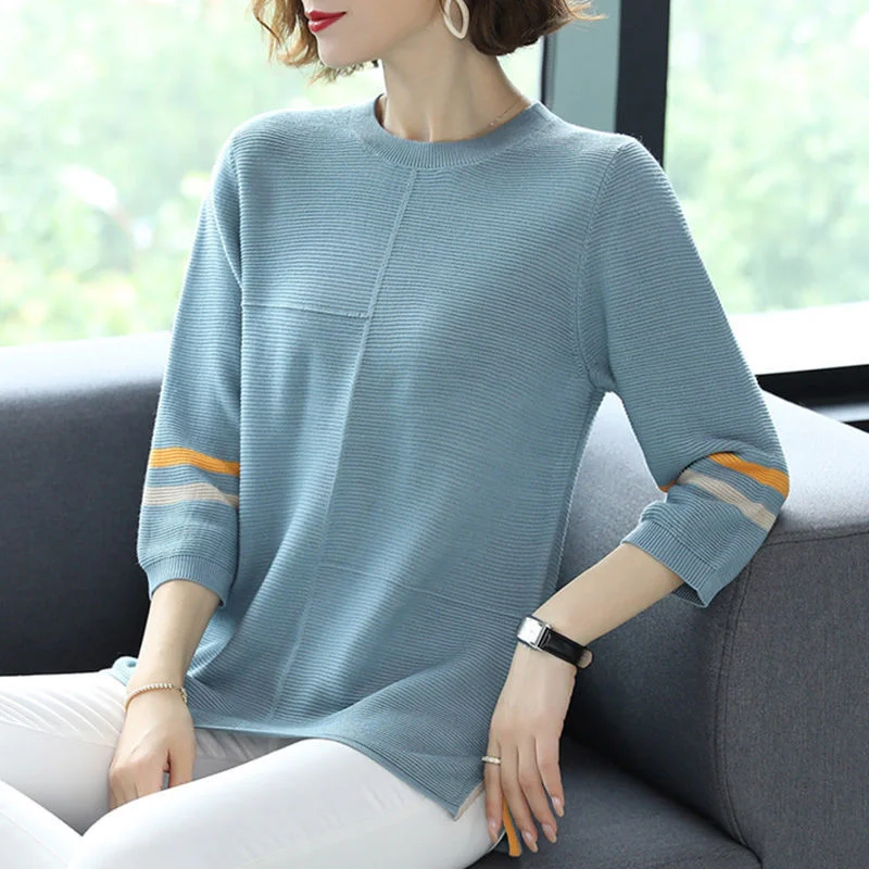 Fashion O-neck Striped Knitted Pullovers Women Three Quarter Sleeve Knitwear T-shirt Casual Loose Spring Knitted Tops Female
Fashion O-neck Striped Knitted Pullovers Women Three Quarter Sleeve Knitwear T-shirt Casual Loose Spring Knitted Tops Female