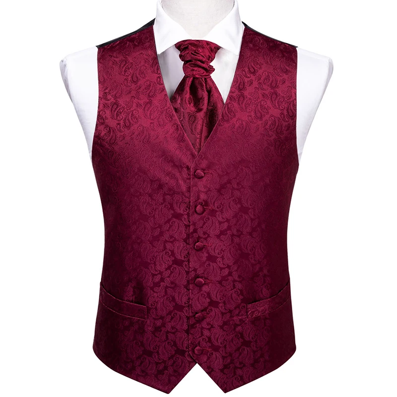 Новое поступление красные шелковые жилеты для мужчин Ascot Tie мужской костюм жилет