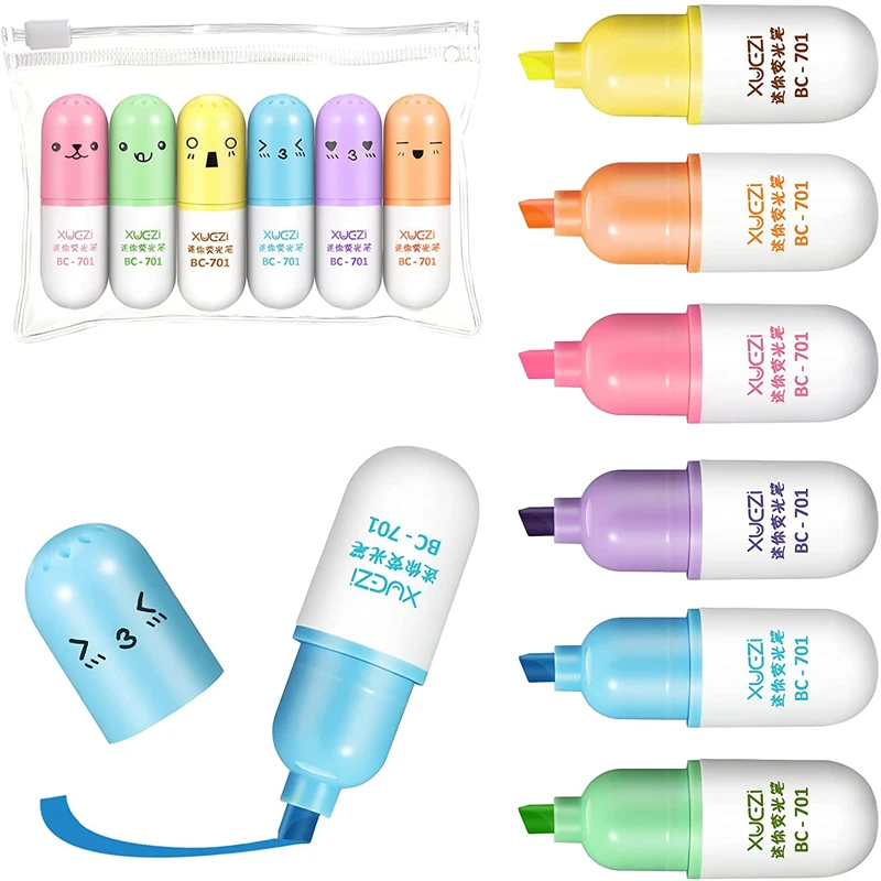 Haile 6Pcs Kawaii Mini Pills Highlighter Pen Cute Funny Smiling Face Fluorescent Marker Pen School Office Art Stationery Supplie
Haile 6Pcs Kawaii Mini Pills Highlighter Pen Cute Funny Smiling Face Fluorescent Marker Pen School Office Art Stationery Supplie