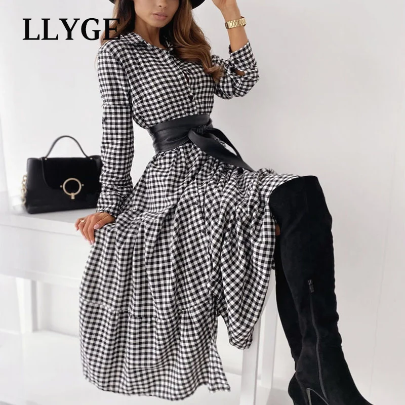 Spring Elegant Plaid Shirt Midi Dress Women Turn-down Collar A-line Hight Waist Dress Female 2021 Fashion Office Lady Vestidos
Spring Elegant Plaid Shirt Midi Dress Women Turn-down Collar A-line Hight Waist Dress Female 2021 Fashion Office Lady Vestidos