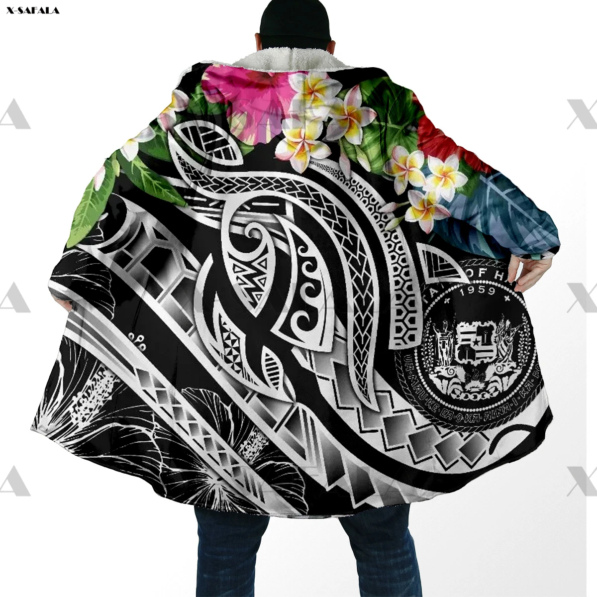

Hawaii Summer Plumeria Printed Hoodie Long Duffle Topcoat Hooded Blanket Cloak Thick Jacket Cotton Pullovers Overcoat