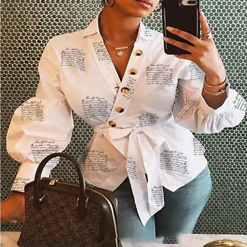 Plus Size Promotion Polyester Button Full Blouse Korean Women's Shirt 2020 New Irregular Letter Printing Tie Waist V-neck Women
Plus Size Promotion Polyester Button Full Blouse Korean Women's Shirt 2020 New Irregular Letter Printing Tie Waist V-neck Women