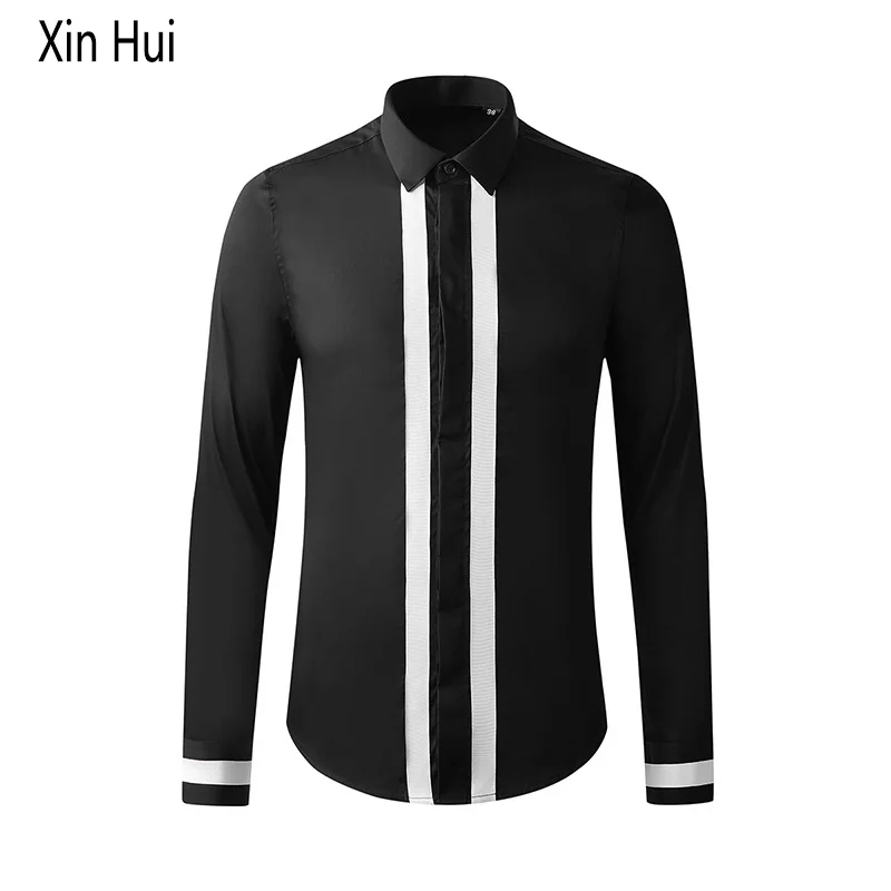 

2021 New style hand-sleeved webbing parallel bars stitching men's tide brand shirt long-sleeved fashion slim casual mans shirt