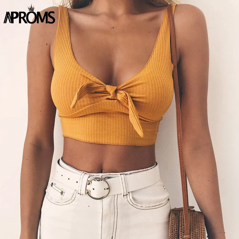 Aproms рифленый бантик Tie Camisole женские майки женская уличная мода 2020 крутая
