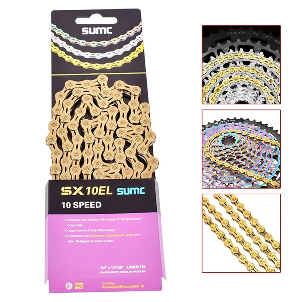 SUMC S10/11/12 EL-Speed Super Smooth Shifting Bike Chain 116L/126L Bicycle DIY Golden Steel Semi Hollow Lightweight Chains
SUMC S10/11/12 EL-Speed Super Smooth Shifting Bike Chain 116L/126L Bicycle DIY Golden Steel Semi Hollow Lightweight Chains