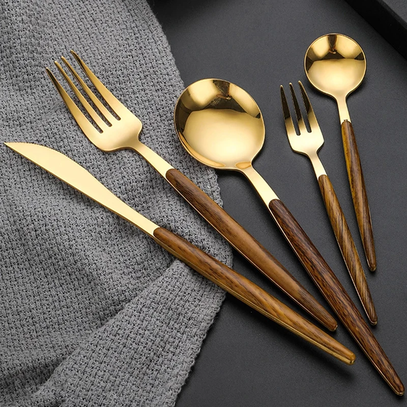 Wood Handle Stainless Steel Dinner Gold Silver Dinnerware Knife Fork Spoon Cutleries Vintage Tableware Kitchen Tools Teaspoon
Wood Handle Stainless Steel Dinner Gold Silver Dinnerware Knife Fork Spoon Cutleries Vintage Tableware Kitchen Tools Teaspoon