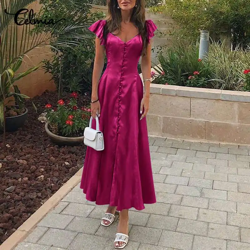 Celmia Sexy Women Satin Maxi Dress Ruffled Short Sleeve Silk V Neck Vestidos Split Hem Buttons Party Elegant Casual Long Robe
Celmia Sexy Women Satin Maxi Dress Ruffled Short Sleeve Silk V Neck Vestidos Split Hem Buttons Party Elegant Casual Long Robe