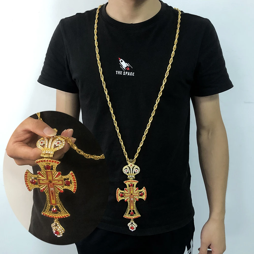 

Crown Pectoral Cross Orthodox Jesus Crucifix Necklace Retro Religious crystal necklace Men & women chain Long Necklace with box