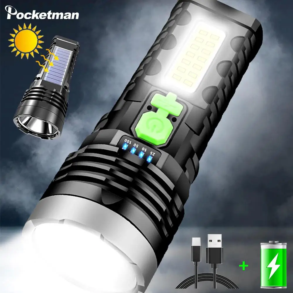

High Lumen USB/Solar Charging Flashlight Built-in Battery Torch with COB Side Light Solar Flashlights Waterproof Camping Lamp