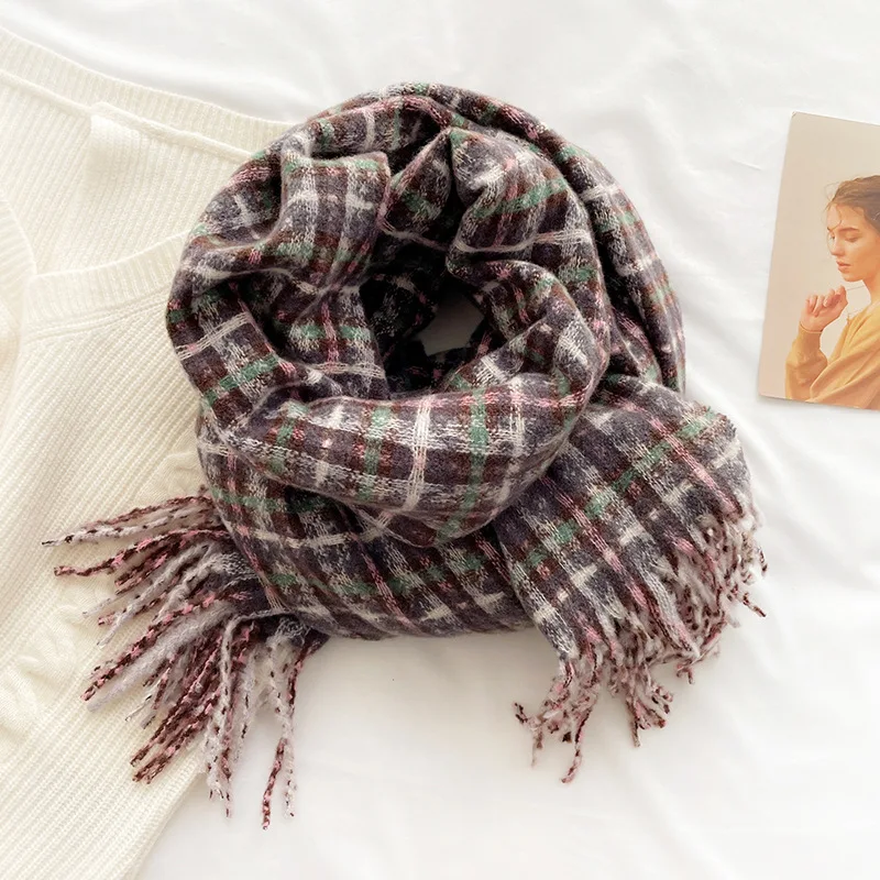 

Популярный зимний толстый кашемировый женский шарф в клетку, шаль, роскошный шейный платок из пашмины с принтом и кисточками, хиджаб Bufanda, 200*...