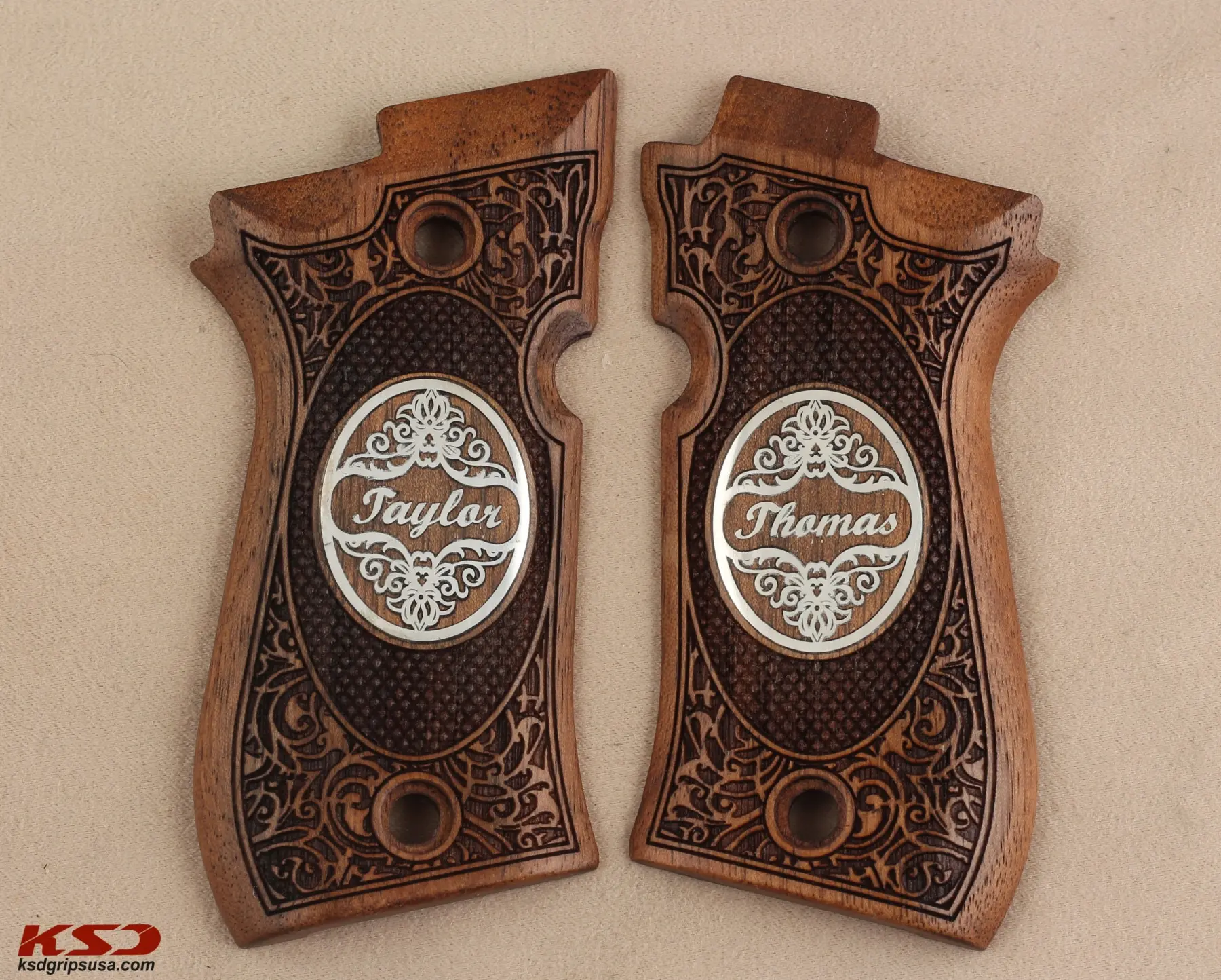 KSDGrips Cheetah 81 81BB 81F 81FS 84 84BB 84F 84FS Compatible Walnut Grip for Replacement with Custom Name & Lastname on Silver
KSDGrips Cheetah 81 81BB 81F 81FS 84 84BB 84F 84FS Compatible Walnut Grip for Replacement with Custom Name & Lastname on Silver