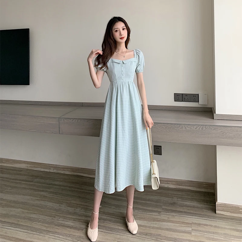 GRUIICEEN New Arrival Korea Style Summer Lattice Square Collar Empire Dress Women Slim Elegant Party Long Dress