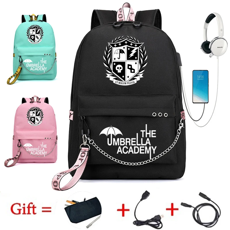 

BPZMD The Umbrella academy Women Men USB Backpack Teenager School Bag Women USB Travel Rucksack Large Mochila Escolar With Chain