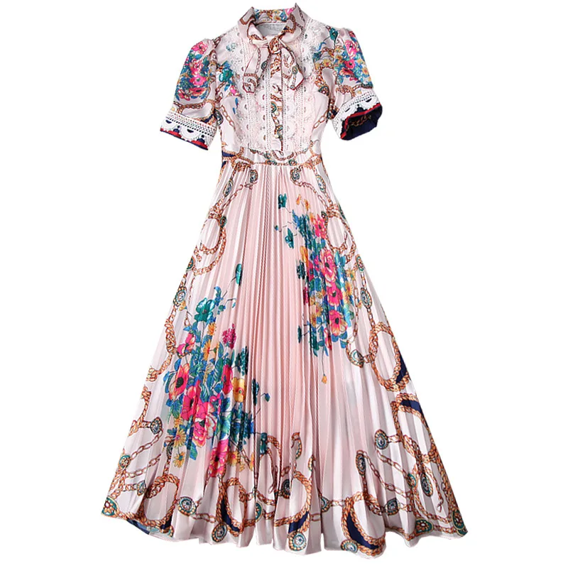 Fashion Runway Summer Midi Dress Women Short sleeve Lace Patchwork Floral Print Vintage Female Pleated Dress 2020
Fashion Runway Summer Midi Dress Women Short sleeve Lace Patchwork Floral Print Vintage Female Pleated Dress 2020