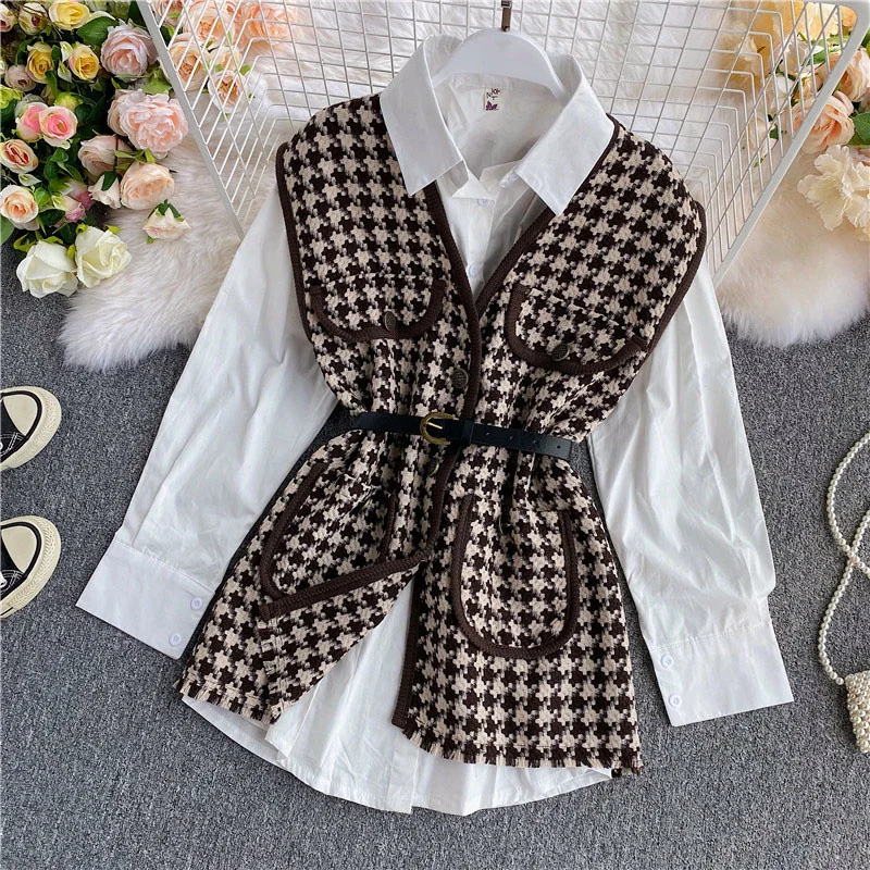 Early autumn temperament houndstooth loose wild vest sleeveless waistcoat white long-sleeved shirt two-piece female
Early autumn temperament houndstooth loose wild vest sleeveless waistcoat white long-sleeved shirt two-piece female