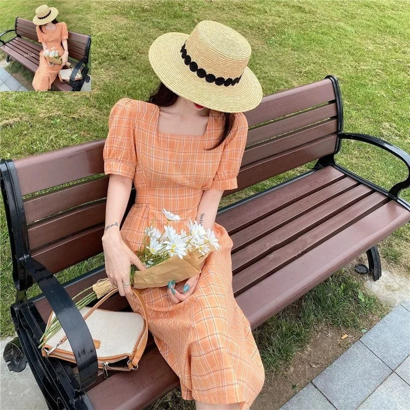 French Square Collar Orange Plaid Dress Trendy Fresh Summer High Waist Midi Dress Vintage Chic Casual Vacation Female Dress
French Square Collar Orange Plaid Dress Trendy Fresh Summer High Waist Midi Dress Vintage Chic Casual Vacation Female Dress