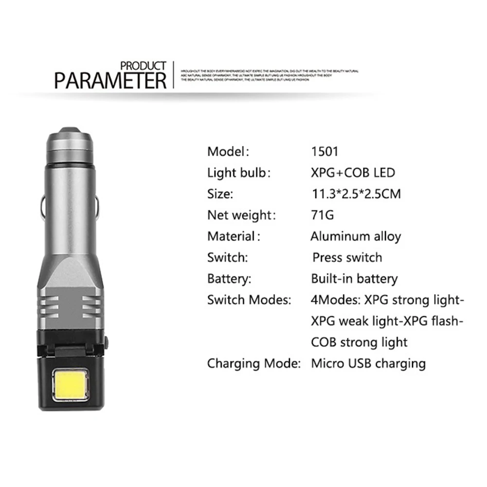 Xpg/Cob Beads LED Car Charger Flashlight Spot Light with USB Port 4 Lighting Modes with Emergency Window Breaker Built-in Output
Xpg/Cob Beads LED Car Charger Flashlight Spot Light with USB Port 4 Lighting Modes with Emergency Window Breaker Built-in Output
