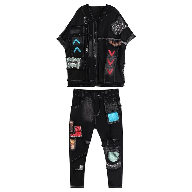 Harajuku Women Patchwork Batwing Sleeve Loose Top Two Piece Denim Set Mid Calf Jeans Hip Hop Outfits Print Summer Matching Sets
Harajuku Women Patchwork Batwing Sleeve Loose Top Two Piece Denim Set Mid Calf Jeans Hip Hop Outfits Print Summer Matching Sets
