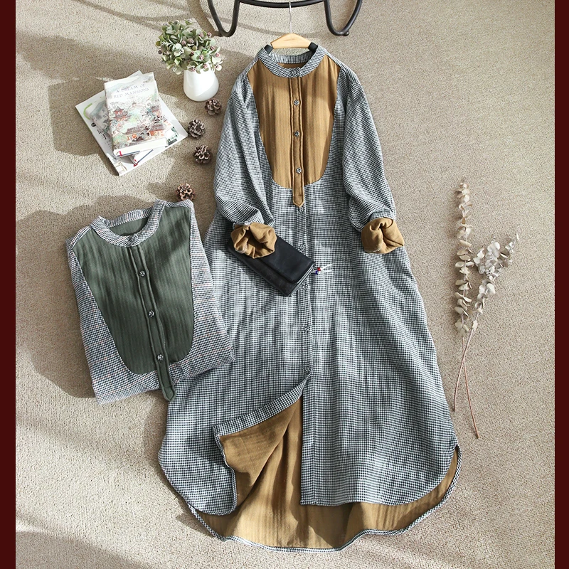 Spring Autumn New Arrivals Women Loose Brief Houndstooth Patchwork Japanese Style Comfortable Water Washed Linen Shirt Dresses
Spring Autumn New Arrivals Women Loose Brief Houndstooth Patchwork Japanese Style Comfortable Water Washed Linen Shirt Dresses