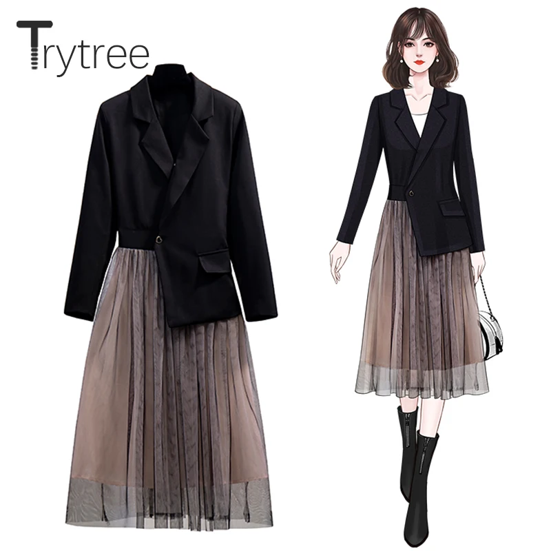 Весенне-осеннее женское платье Trytree повседневный костюм куртка лоскутный